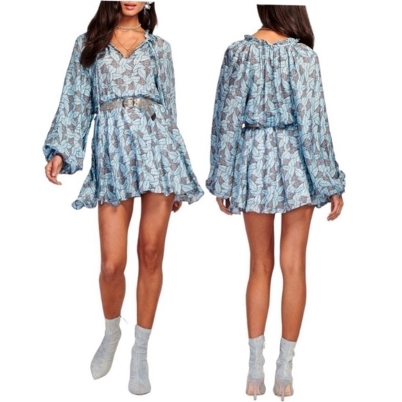 RAMY BROOK Tatum Leaf Floral Print Long Sleeve Pleated Ruffle Mini Dress Medium - Picture 1 of 11